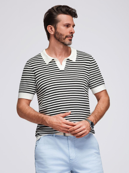 Ombre Clothing Pánská pletená polokošile bez knoflíků v námořnických pruzích - černobílá