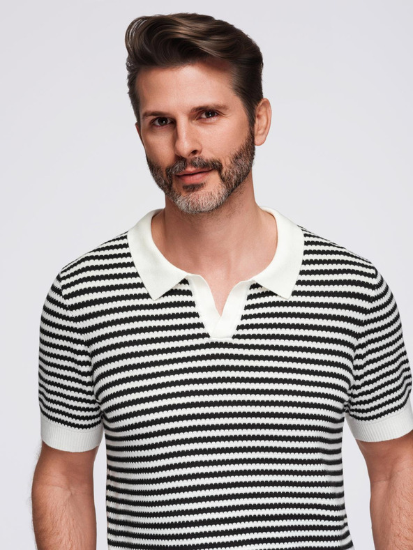 Ombre Clothing Pánská pletená polokošile bez knoflíků v námořnických pruzích - černobílá