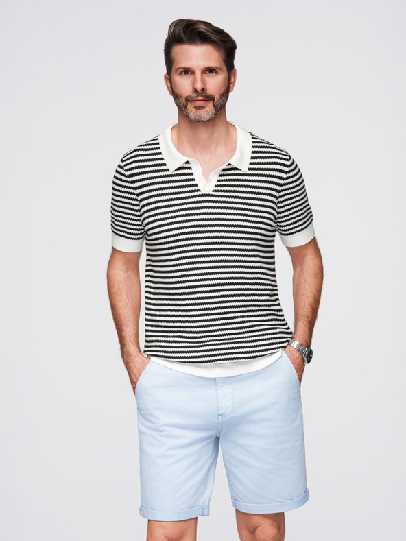 Ombre Clothing Pánská pletená polokošile bez knoflíků v námořnických pruzích - černobílá