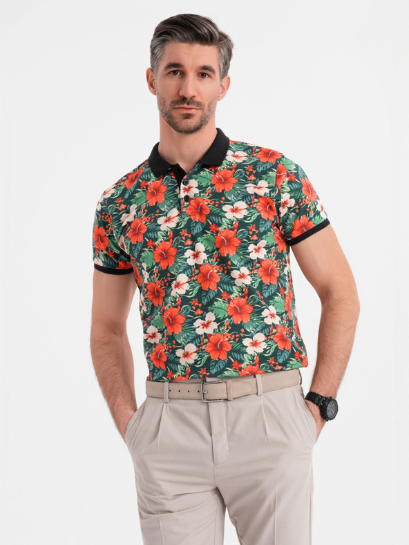 Ombre Clothing Bavlněná polokošile s květinovým potiskem - černá