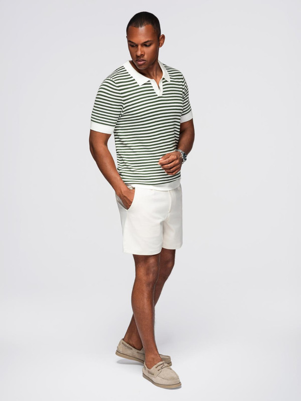 Ombre Clothing Pánská pletená polokošile bez knoflíků v námořnických pruzích - bílá a olivově zelená