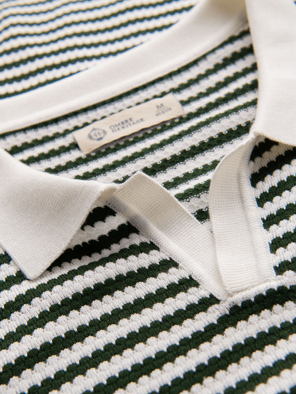Ombre Clothing Pánská pletená polokošile bez knoflíků v námořnických pruzích - bílá a olivově zelená
