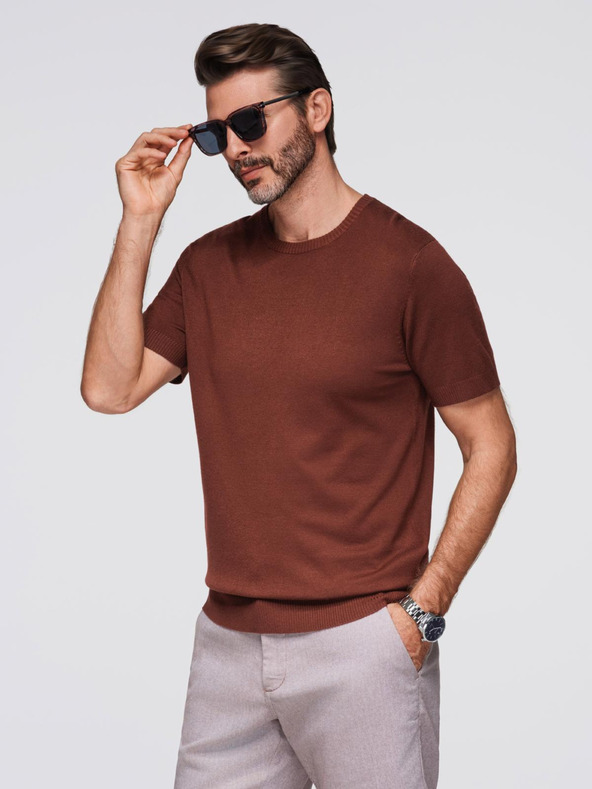 Ombre Clothing Pánská klasická pletená košile s žebrovanými manžetami - teplá hnědá
