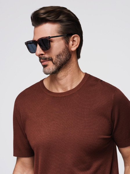 Ombre Clothing Pánská klasická pletená košile s žebrovanými manžetami - teplá hnědá