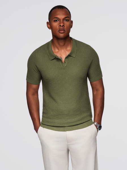 Ombre Clothing Pánská pletená polokošile bez knoflíků - olivová
