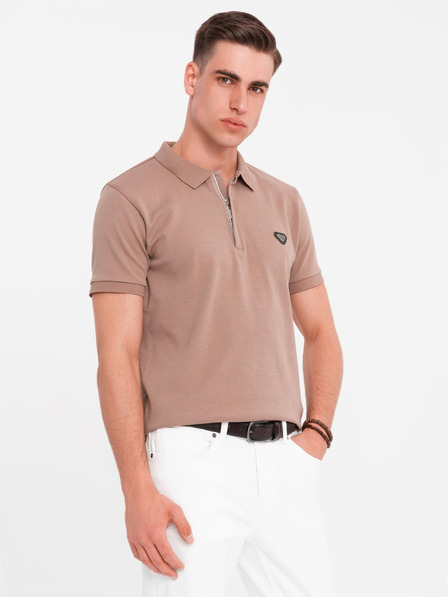 Ombre Clothing Pánská polokošile s výstřihem na zip - světle hnědá