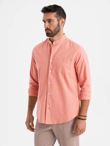 Ombre Clothing Pánská plátěná košile se stojáčkem a kapsou REGULAR FIT - růžová