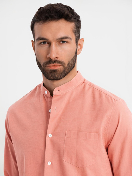 Ombre Clothing Pánská plátěná košile se stojáčkem a kapsou REGULAR FIT - růžová