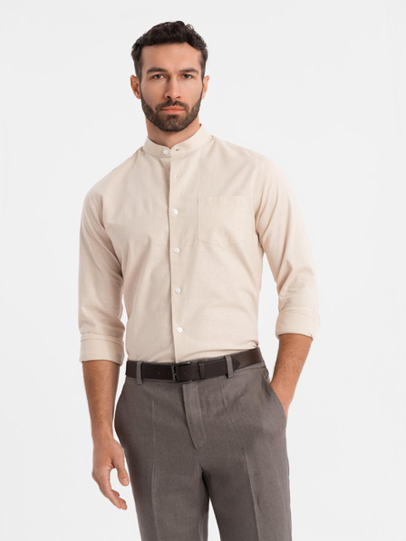 Ombre Clothing Pánská plátěná košile se stojáčkem a kapsou REGULAR FIT - krémová