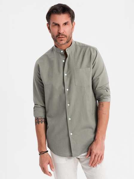 Ombre Clothing Pánská plátěná košile se stojáčkem a kapsou REGULAR FIT - khaki
