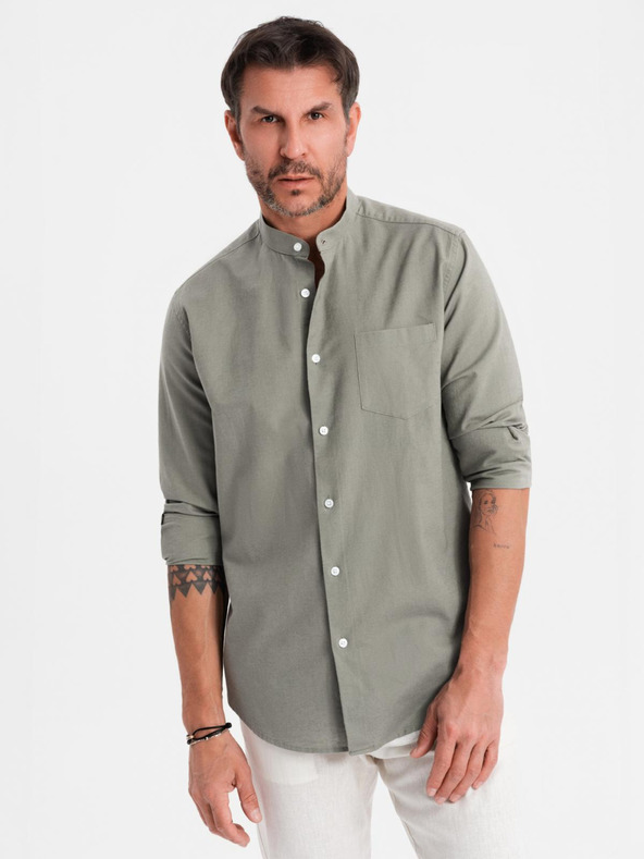 Ombre Clothing Pánská plátěná košile se stojáčkem a kapsou REGULAR FIT - khaki