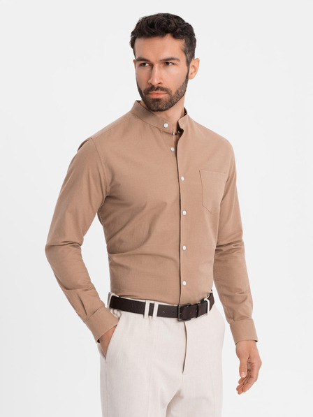Ombre Clothing Pánská plátěná košile se stojáčkem a kapsou REGULAR FIT - světle hnědá