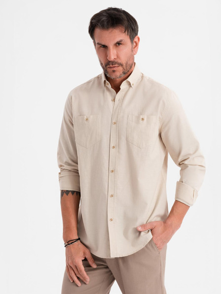 Ombre Clothing Pánská plátěná košile s klasickým límcem a kapsami REGULAR FIT - krémová