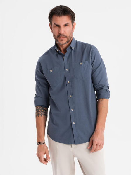 Ombre Clothing Pánská plátěná košile s klasickým límcem a kapsami REGULAR FIT - modrá