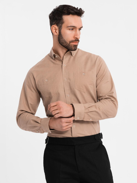 Ombre Clothing Pánská lněná košile s klasickým límcem a kapsami REGULAR FIT - světle hnědá