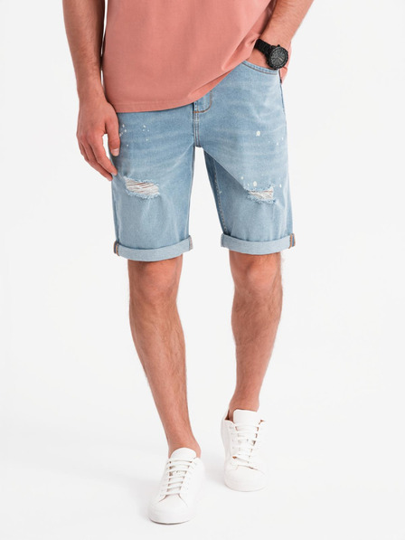 Ombre Clothing Pánské džínové kraťasy s roztrhanými nohavicemi - světle modré