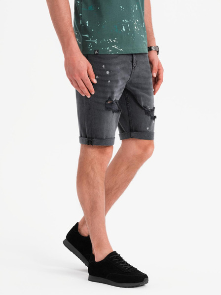 Ombre Clothing Pánské krátké džínové šortky s roztržením a ohrnutou nohavicí - šedé