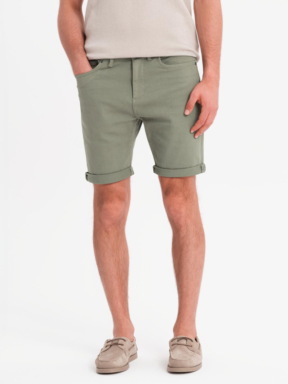 Ombre Clothing Pánské klasické džínové šortky s ohrnutou nohavicí - světle olivové