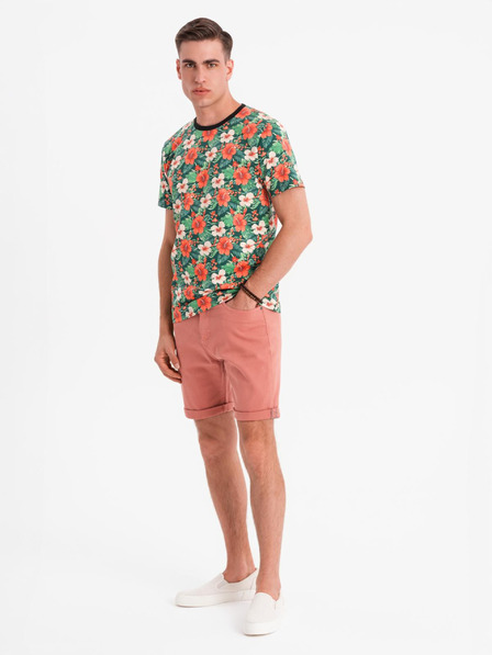 Ombre Clothing Pánské džínové šortky s ohrnutou nohavicí - korálová