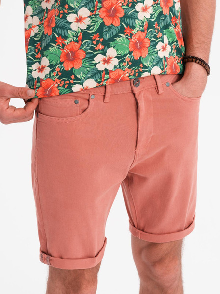 Ombre Clothing Pánské džínové šortky s ohrnutou nohavicí - korálová