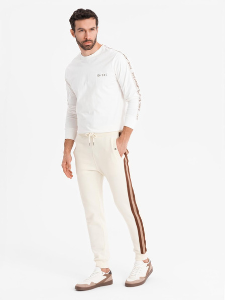 Ombre Clothing Pánské tepláky s lemováním a žebrovanými lemy nohavic - krémové
