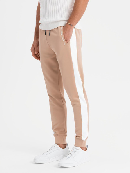 Ombre Clothing Pánské tepláky joggers s kontrastními pruhy - béžové