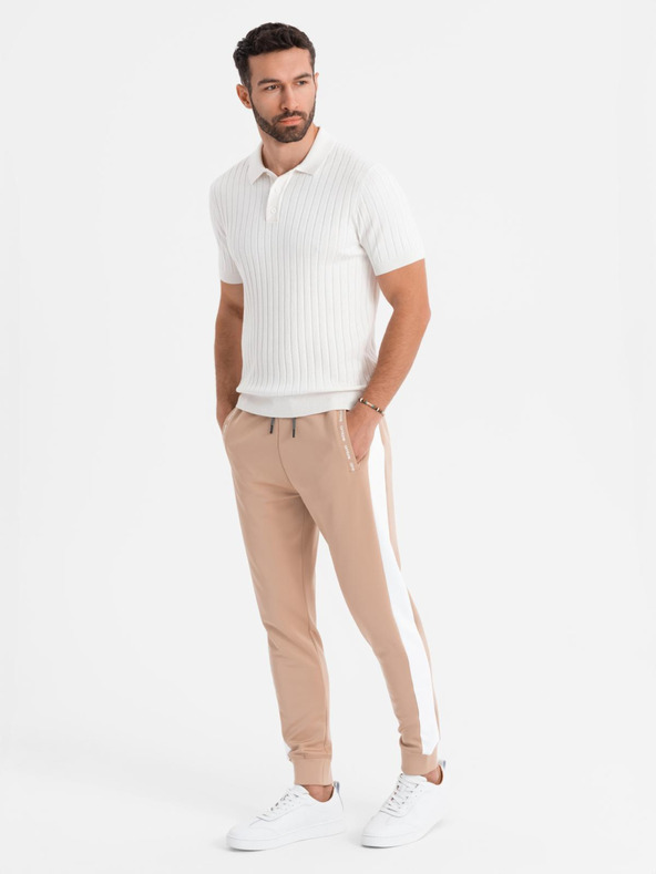 Ombre Clothing Pánské tepláky joggers s kontrastními pruhy - béžové