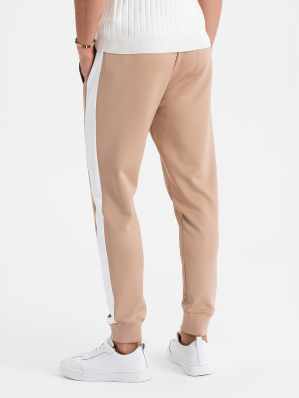 Ombre Clothing Pánské tepláky joggers s kontrastními pruhy - béžové