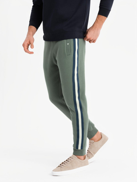 Ombre Clothing Pánské tepláky s lemováním a žebrovanými nohavicemi - olivové