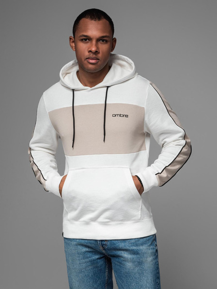 Ombre Clothing Pánská bavlněná mikina s kapucí a kontrastními detaily - bílá