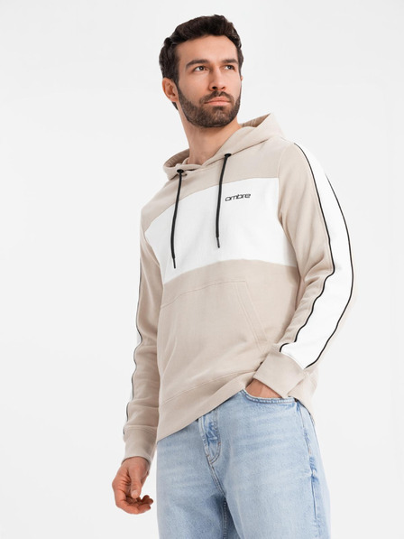 Ombre Clothing Pánská bavlněná mikina s kapucí s kontrastními prvky - béžová