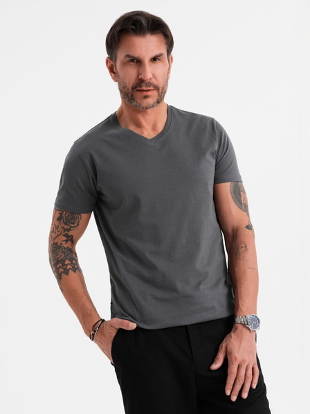Ombre Clothing Pánské klasické bavlněné tričko BASIC s výstřihem do V - grafitová