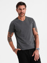 Ombre Clothing Pánské klasické bavlněné tričko BASIC s výstřihem do V - grafitová