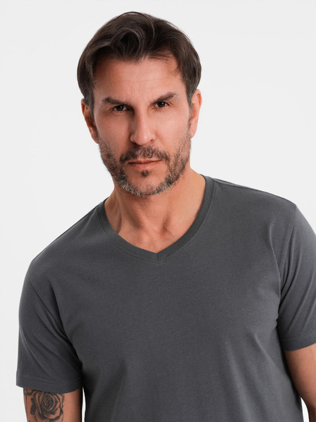 Ombre Clothing Pánské klasické bavlněné tričko BASIC s výstřihem do V - grafitová