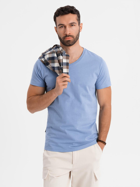 Ombre Clothing Pánské klasické bavlněné tričko BASIC s výstřihem do V - modré