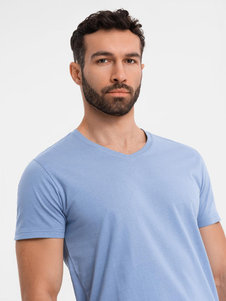 Ombre Clothing Pánské klasické bavlněné tričko BASIC s výstřihem do V - modré