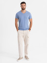 Ombre Clothing Pánské klasické bavlněné tričko BASIC s výstřihem do V - modré