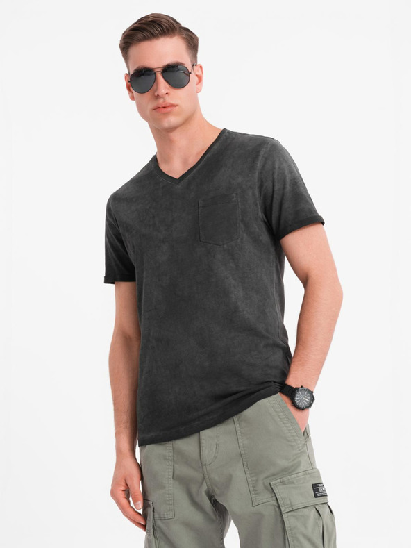 Ombre Clothing Pánské bavlněné tričko s výstřihem do V a sepraným efektem - černé