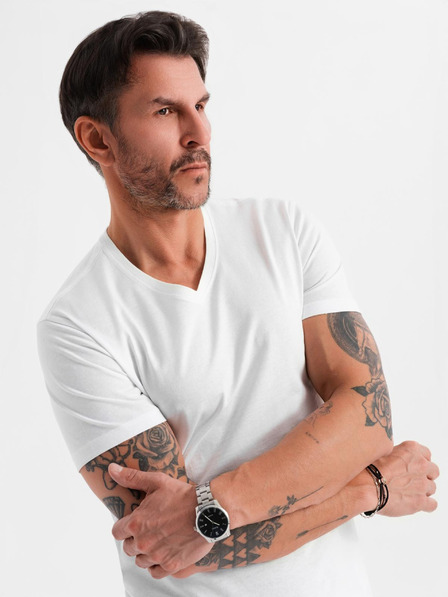 Ombre Clothing Pánské klasické bavlněné tričko BASIC s výstřihem - bílé