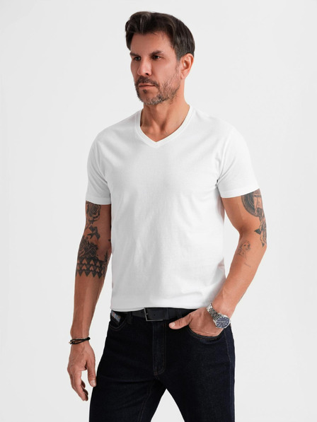 Ombre Clothing Pánské klasické bavlněné tričko BASIC s výstřihem - bílé
