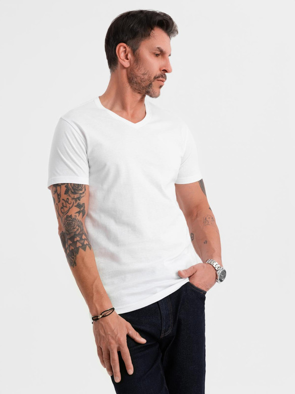 Ombre Clothing Pánské klasické bavlněné tričko BASIC s výstřihem - bílé