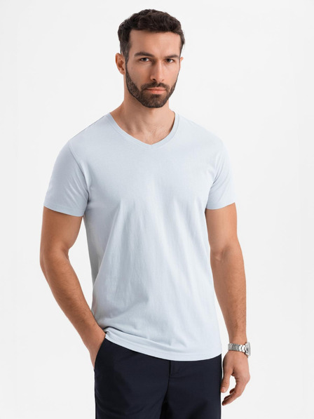 Ombre Clothing Pánské klasické bavlněné tričko BASIC s výstřihem - světle šedé