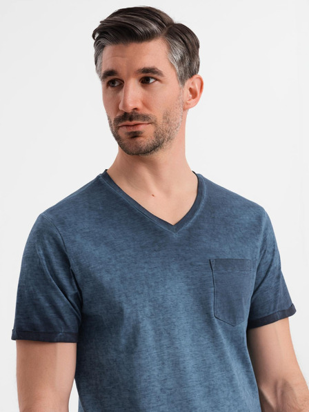 Ombre Clothing Pánské bavlněné tričko s výstřihem do V a sepraným efektem - tmavě modré