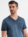 Ombre Clothing Pánské bavlněné tričko s výstřihem do V a sepraným efektem - tmavě modré
