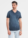 Ombre Clothing Pánské bavlněné tričko s výstřihem do V a sepraným efektem - tmavě modré