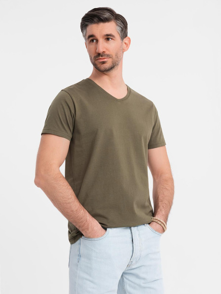 Ombre Clothing Pánské klasické bavlněné tričko BASIC s výstřihem do V - tmavě olivově zelené