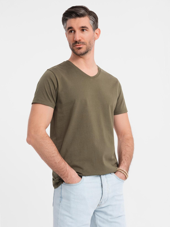 Ombre Clothing Pánské klasické bavlněné tričko BASIC s výstřihem do V - tmavě olivově zelené