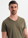 Ombre Clothing Pánské klasické bavlněné tričko BASIC s výstřihem do V - tmavě olivově zelené