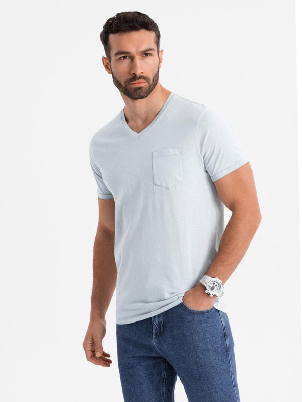Ombre Clothing Pánské bavlněné tričko s výstřihem do V a sepraným efektem - šedé