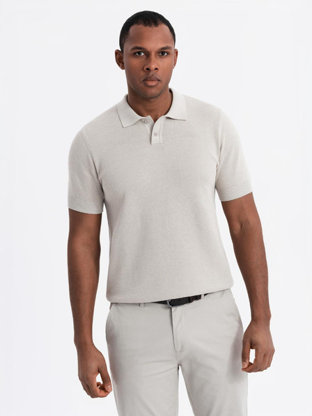 Ombre Clothing Pánské bavlněné polo tričko ze strukturovaného úpletu - béžové